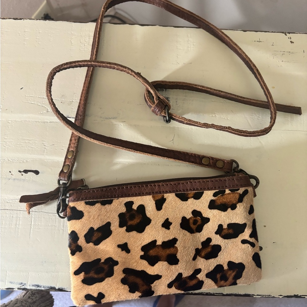 Brown Animal Print Clutch with Faux Leather Trim